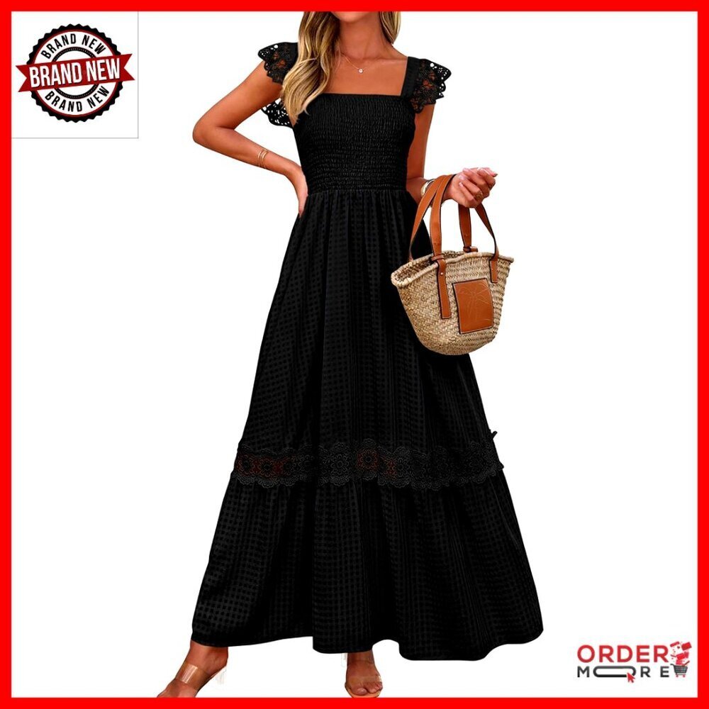 Smocked Maxi Dress Ruffle Cap Sleeve Square Neck Lace Detail Pockets Flowy
